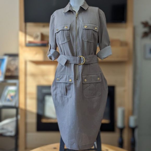 Sharagano 3/4 zip designer dress with belt and roll up sleeves Size 4 - Picture 2 of 10